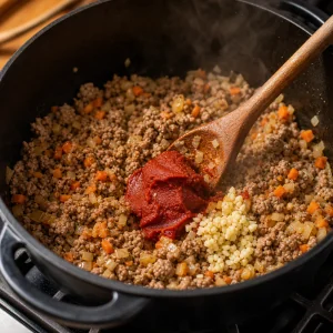 Onion, carrot, garlic, and tomato paste stirred into browned meat