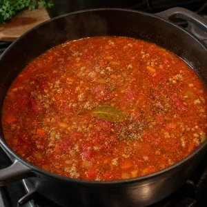 Tomato broth with herbs and a bay leaf simmering in a pot