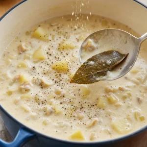 Bay leaf lifted from creamy chowder seasoned with black pepper
