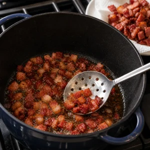 Crispy diced bacon cooking in a Dutch oven
