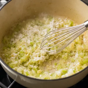 Flour whisked into softened onion and celery