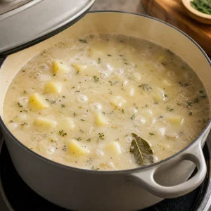 Potatoes simmering gently in the chowder base