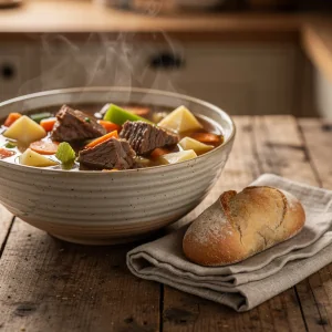 A steaming bowl of hearty vegetable beef soup with chunks of meat and vegetables in a savory broth