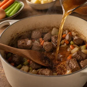 Beef and vegetables in broth as browned bits are stirred up