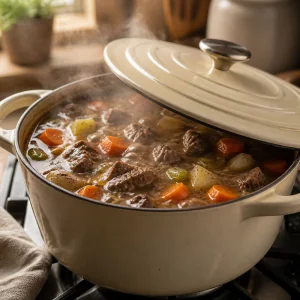 Covered Dutch oven simmering beef vegetable soup