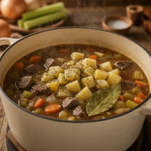Cubed potatoes, thyme, and a bay leaf added to beef soup