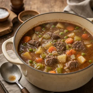 Finished beef vegetable soup seasoned with black pepper
