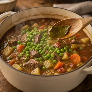 Green peas and a bay leaf on top of beef vegetable soup