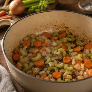 Onion, carrots, and celery softening in a Dutch oven