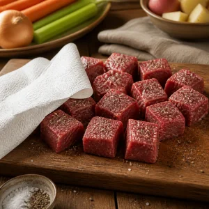 Raw beef cubes seasoned with salt and black pepper