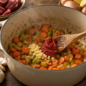 Tomato paste and minced garlic mixed into softened vegetables