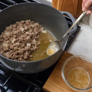 Excess fat being drained from browned beef and onions in a pot