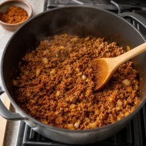 Taco seasoning stirred into cooked ground beef and onion