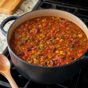 Taco soup simmering gently with beef, beans, corn, and tomatoes