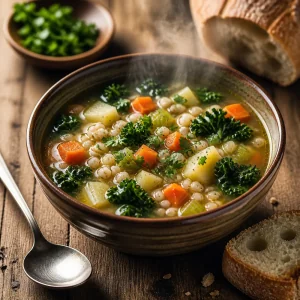 Finished pearl barley soup served with crusty bread