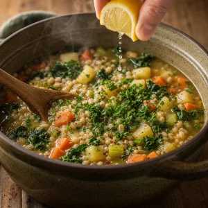 Lemon juice and parsley finishing the barley soup