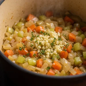 Minced garlic and thyme over softened soup vegetables