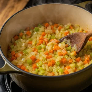 Onion, carrot, and celery softening in a heavy pot