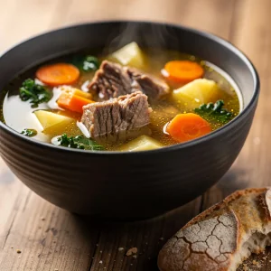 A steaming bowl of pork soup with chunks of meat, carrots, and potatoes on a rustic wooden table