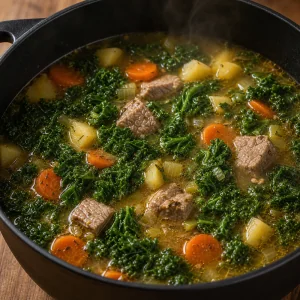 Col rizada picada marchita en sopa de cerdo y verduras