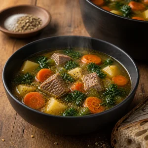 Sopa terminada de cerdo y verduras con pimienta negra en un cuenco