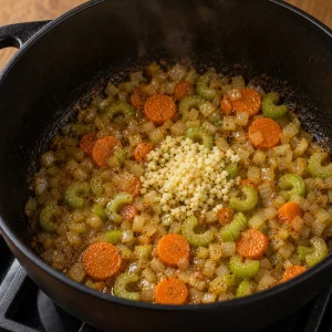 Ajo picado anadido a zanahorias, apio y cebolla salteados