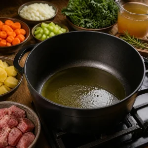 Aceite de oliva brillando en una olla holandesa negra