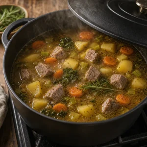 Sopa de cerdo y verduras hirviendo suavemente bajo una tapa entreabierta