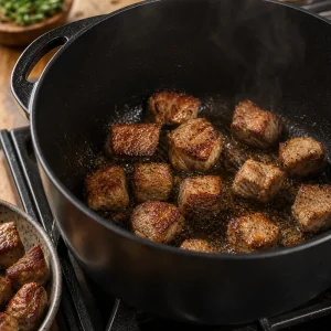 Cubos de cerdo dorandose en una olla negra pesada