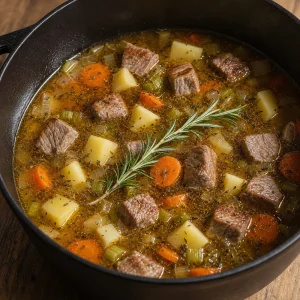 Cerdo, papas, caldo y romero combinados en la olla