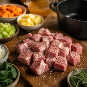 Cubos de paleta de cerdo sazonados sobre una tabla de madera