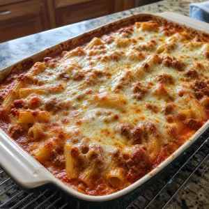 Baked ziti bubbling with golden melted cheese