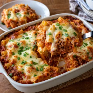 Baked ziti garnished with parsley and served hot