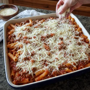 Baked ziti layered with meat sauce, mozzarella, and Parmesan