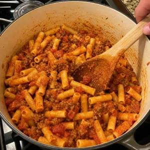 Cooked ziti tossed with Italian sausage meat sauce