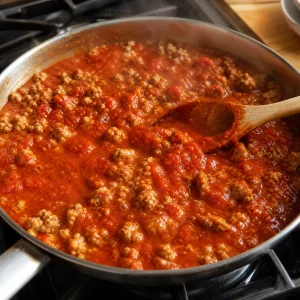Italian sausage simmering in marinara sauce