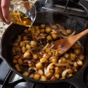 Bourbon poured over onions and potatoes to deglaze the skillet