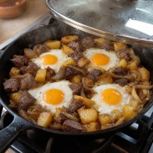 Covered skillet cooking steak hash with eggs until the whites set