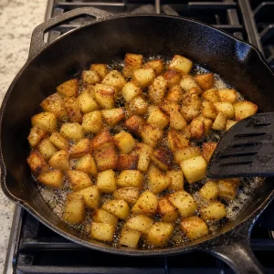 Diced potatoes frying in butter and olive oil until golden
