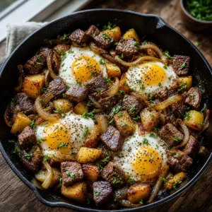 Finished steak and egg hash garnished with herbs in a cast iron skillet