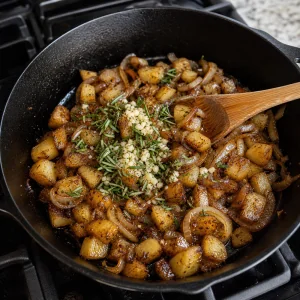 Garlic and rosemary stirred into golden potatoes and glazed onions