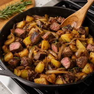 Seared steak tossed with potatoes and bourbon-glazed onions