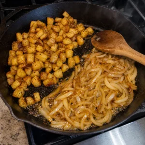 Sliced onions sauteing beside crispy potatoes in a cast iron skillet