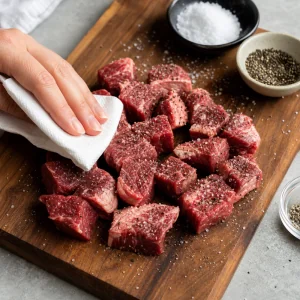 Steak cubes patted dry and seasoned with salt and black pepper