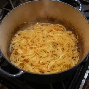 Sliced onions softening and browning in the Dutch oven