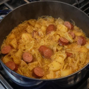 Uncovered cabbage and frankfurter stew with concentrated glossy broth