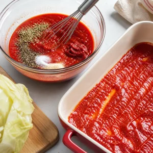베이킹 접시 바닥에 펴 바른 토마토 허브 소스
