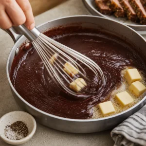 Cold butter whisked into reduced red wine sauce until glossy