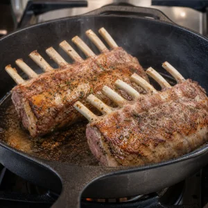Rack of lamb searing in a hot skillet until browned
