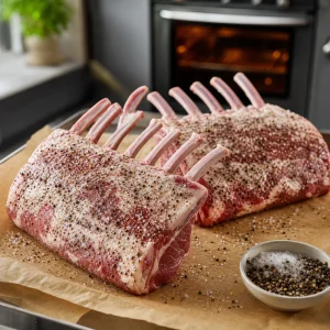 Raw lamb racks seasoned with salt and cracked black pepper
